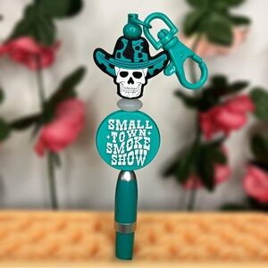 Teal Skull with Cowboy Hat Small Town Smoke Show Handmade Beaded Keychain Pen